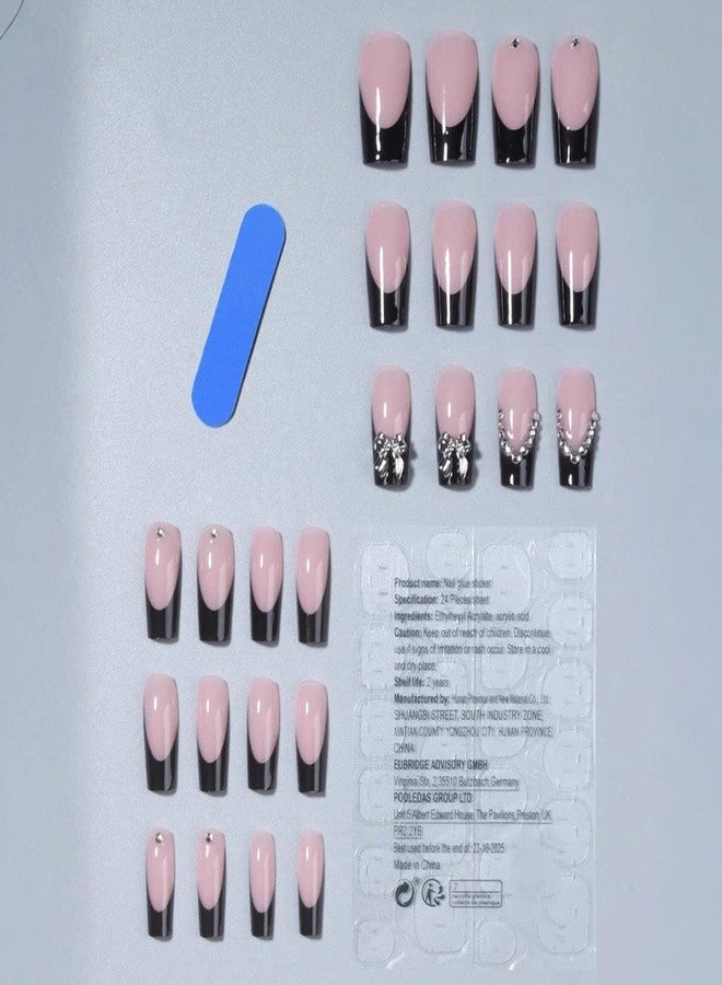 YKZFUI 24Pcs Black French Press on Nails Long Coffin Fake Nails with Charm Bow Design,French Tip DIY Manicure Square False Nails Press ons Glitter Rhinestone Nails Kit for Women,Daily Wear Nail Decorations - Image 3